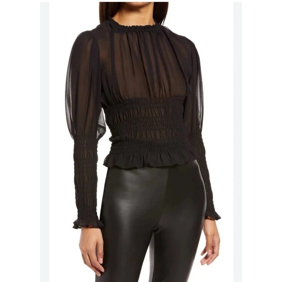 Halogen Nwt Sheer Blouse Black Chiffon Smocked Waist Dark Fairy Coquette Small